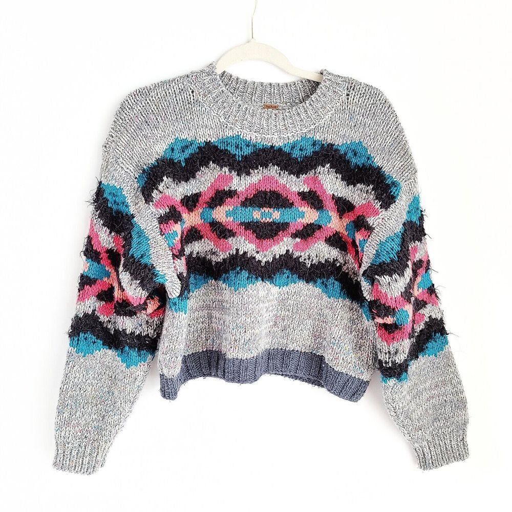Free People Oversize Aztec Fair Isle Fuzzy Cropped Sweater Womens S Multicolor